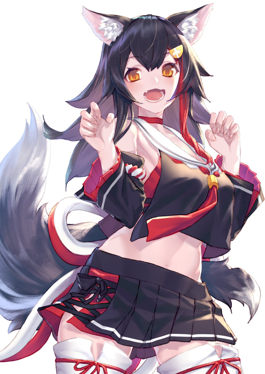 1girl animal_ear_fluff animal_ears armpit_peek bell black_hair black_skirt blush breasts choker claw_pose collarbone commentary cowboy_shot crop_top crop_top_overhang detached_sleeves fang fingernails hair_ornament hairclip highres hololive japanese_clothes kouhaku_nawa large_breasts long_hair looking_at_viewer multicolored_hair navel ookami_mio open_mouth red_choker redhead sharp_fingernails skin_fang skirt solo streaked_hair tail takubon_(xewh4773) thigh-highs thighs virtual_youtuber wide_sleeves wolf_ears wolf_tail yellow_eyes zettai_ryouiki