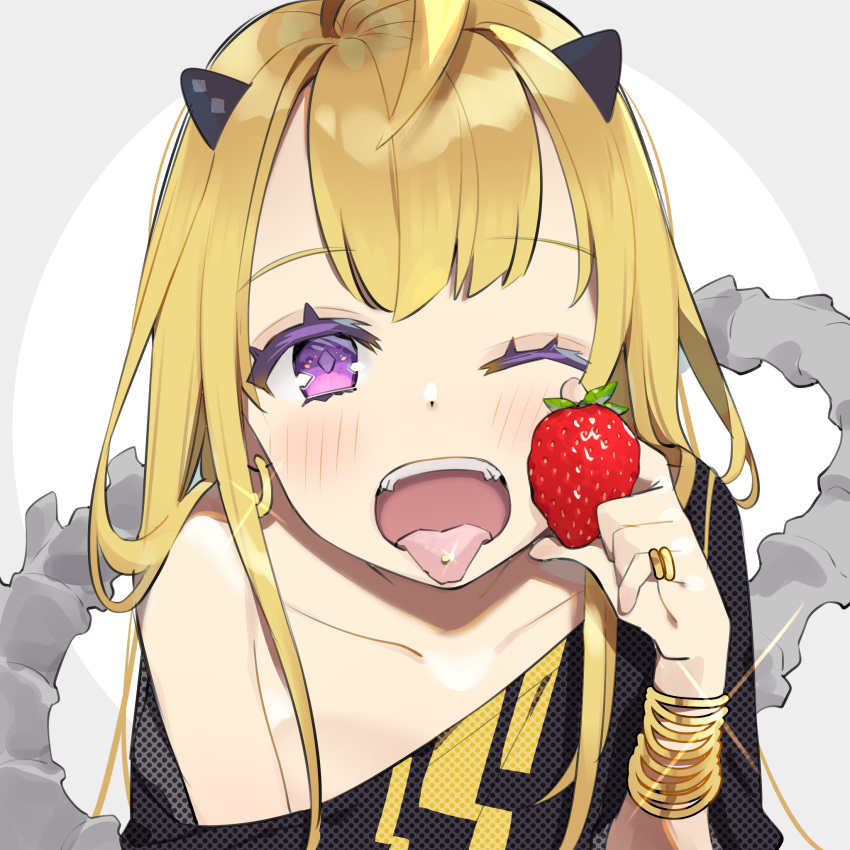 1girl ahoge bangle bangs bare_shoulders black_shirt blonde_hair blush bone_tail bracelet collarbone colored_eyelashes earrings eyebrows_visible_through_hair food fruit glint hand_up highres holding holding_food hoop_earrings horns jewelry long_hair off_shoulder omucchan_(omutyuan) one_eye_closed open_mouth original piercing shirt solo strawberry tongue tongue_out tongue_piercing violet_eyes