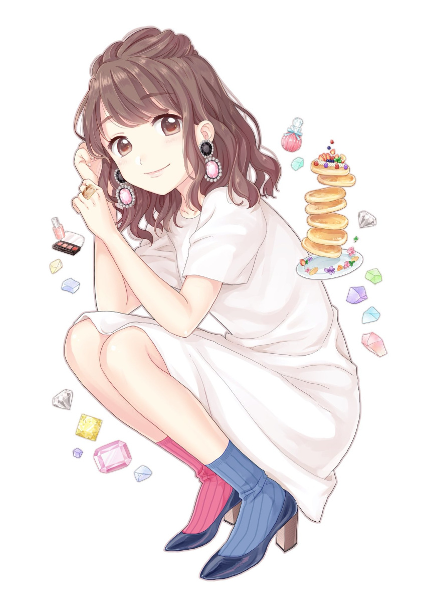 1girl blue_legwear blush brown_eyes brown_hair closed_mouth dress earrings eyebrows_visible_through_hair food gem hayami_saori high_heels highres jewelry long_hair looking_at_viewer pancake pink_legwear plate real_life smile socks solo squatting white_dress yui_(spica)