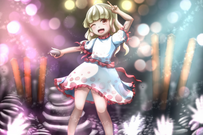 1girl ;d arms_up bangs blonde_hair blunt_bangs blurry blurry_background blush bokeh brown_eyes commentary_request contrapposto dark_skin depth_of_field earlobes ebisu_eika eyebrows_visible_through_hair feet_out_of_frame ghost hand_to_head holding_rock juuni_05 light_particles looking_at_viewer medium_hair one_eye_closed open_mouth outstretched_arm polka_dot_skirt puffy_short_sleeves puffy_sleeves rock shirt short_sleeves skirt smile solo sparkle stack standing touhou v white_shirt white_skirt