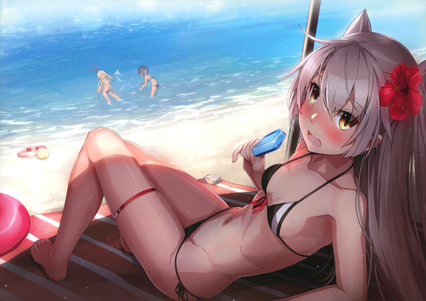 3girls absurdres amatsukaze_(kantai_collection) barefoot beach bikini blush breasts dutch_angle eyebrows_visible_through_hair flower food front-tie_bikini front-tie_top hair_between_eyes hair_flower hair_ornament hibiscus highres kantai_collection long_hair looking_at_viewer lying multiple_girls navel on_back open_mouth outdoors popsicle scan shimakaze_(kantai_collection) side-tie_bikini small_breasts solo_focus splashing sweat swimsuit takanashi_kei_(hitsujikan) thigh_strap tokitsukaze_(kantai_collection) two_side_up wading yellow_eyes