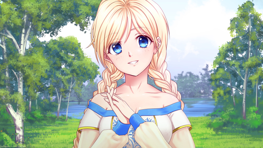 1girl arms_up blonde_hair blue_eyes blue_sky braid breasts clouds day detached_sleeves dress everlasting_summer eyebrows_visible_through_hair grass hands_together head_tilt highres lake light_blush long_hair long_sleeves looking_at_viewer medium_breasts orika_nekoi outdoors parted_lips sky slavya-chan smile solo strapless strapless_dress tree twin_braids upper_body