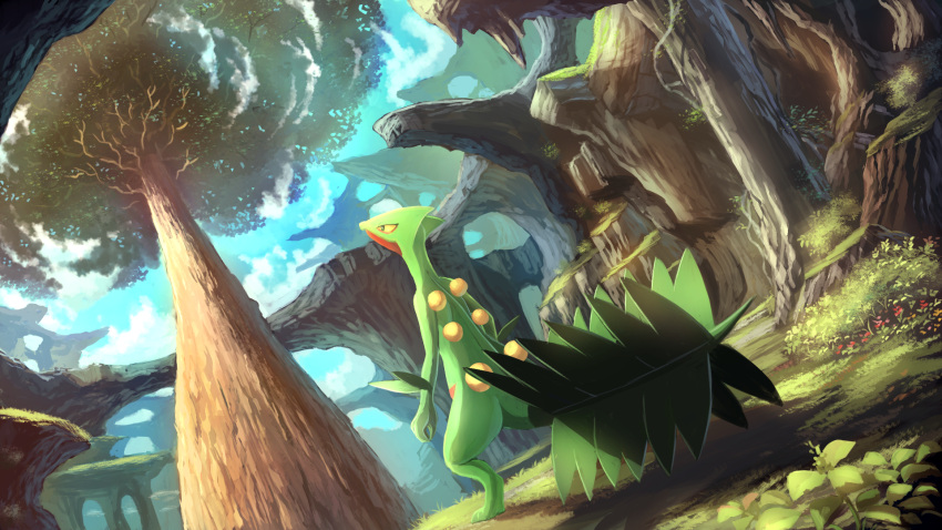 blue_sky clouds commentary creatures_(company) dutch_angle game_freak gen_3_pokemon grass highres karamimame looking_up nintendo no_humans outdoors pokemon pokemon_(creature) scenery sceptile sky solo standing tree