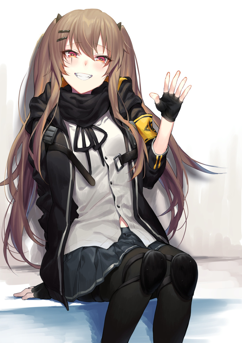 1girl absurdres arm_support armband bangs black_gloves black_ribbon black_scarf blush breasts brown_hair buttons eyebrows_visible_through_hair fingerless_gloves girls_frontline gloves grey_skirt grin hair_between_eyes hair_ornament hairclip hand_up highres hood hood_down hooded_jacket jacket knee_pads kyo long_hair looking_at_viewer neck_ribbon open_clothes open_jacket pantyhose pleated_skirt red_eyes ribbon scar scar_across_eye scarf shirt skirt smile twintails ump9_(girls_frontline) untucked_shirt white_shirt