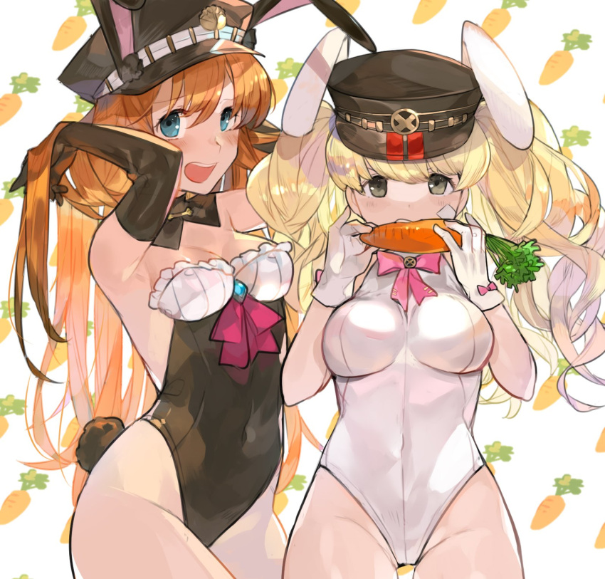 2girls alternate_costume animal_ears bangs bare_shoulders black_gloves black_leotard blonde_hair blue_eyes blush braid breasts brown_hair bunny_girl bunny_tail carrot cleavage commentary_request covered_navel cowboy_shot detached_collar elbow_gloves fake_animal_ears from_side gloves granblue_fantasy hair_lift hat highleg highleg_leotard highres large_breasts lecia_(granblue_fantasy) leotard long_hair looking_at_viewer medium_breasts monica_weisswind multiple_girls open_mouth peaked_cap picube525528 rabbit_ears strapless strapless_leotard tail thighs twintails white_leotard