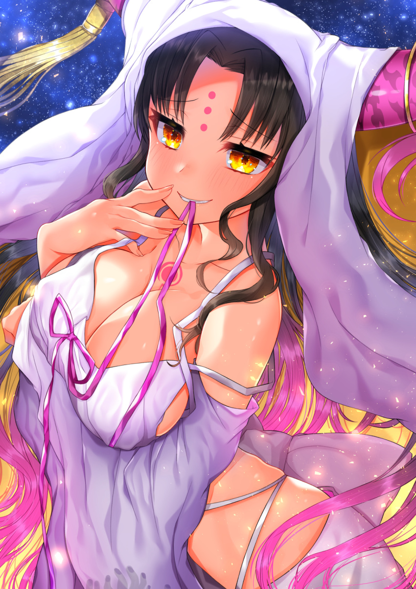 1girl akirannu bangs bare_shoulders black_hair blush breasts chest_tattoo cleavage collarbone facial_mark fate/extra fate/extra_ccc fate_(series) forehead_mark grin habit highres horns large_breasts long_hair looking_at_viewer revealing_clothes ribbon sesshouin_kiara smile solo tassel tattoo veil wavy_hair yellow_eyes