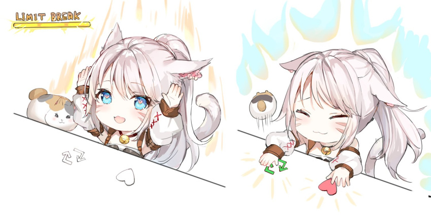 1girl :3 :d animal animal_ears armpits arms_up bell blue_eyes bongo_cat cat cat_ears cat_tail closed_eyes closed_mouth collar commentary_request detached_sleeves earrings facial_mark final_fantasy final_fantasy_xiv heart heart-shaped_pupils jewelry jingle_bell long_hair long_sleeves looking_at_viewer maneki-neko miqo'te momoko_(momopoco) motion_lines open_mouth ponytail puffy_sleeves silver_hair smile symbol-shaped_pupils tail