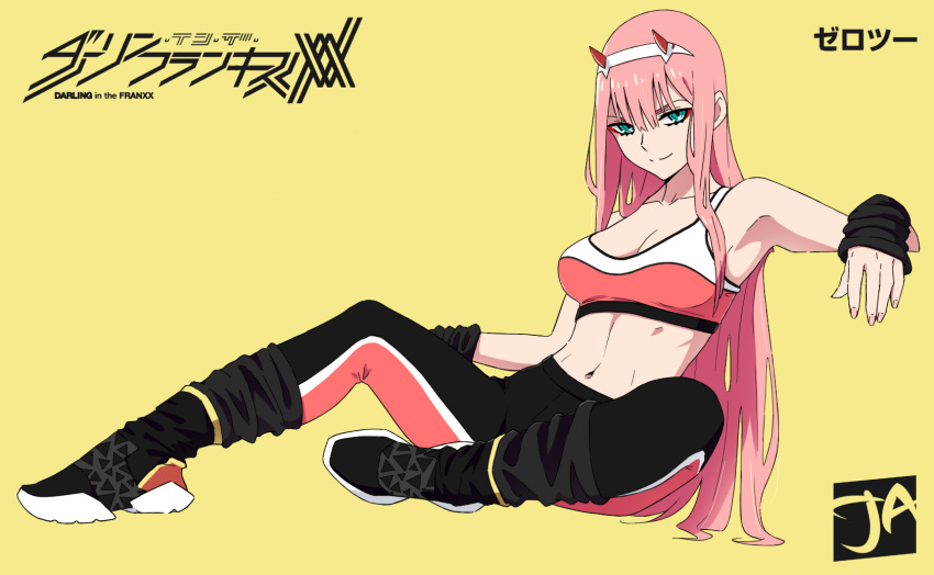 1girl abs armpits bangs breasts cleavage collarbone commentary copyright_name darling_in_the_franxx english_commentary fingernails green_eyes hair_between_eyes hairband highres horns j_adsen long_hair looking_at_viewer medium_breasts midriff navel oni_horns pink_hair red_horns signature simple_background sitting smile solo sports_bra sportswear straight_hair white_hairband yellow_background zero_two_(darling_in_the_franxx)