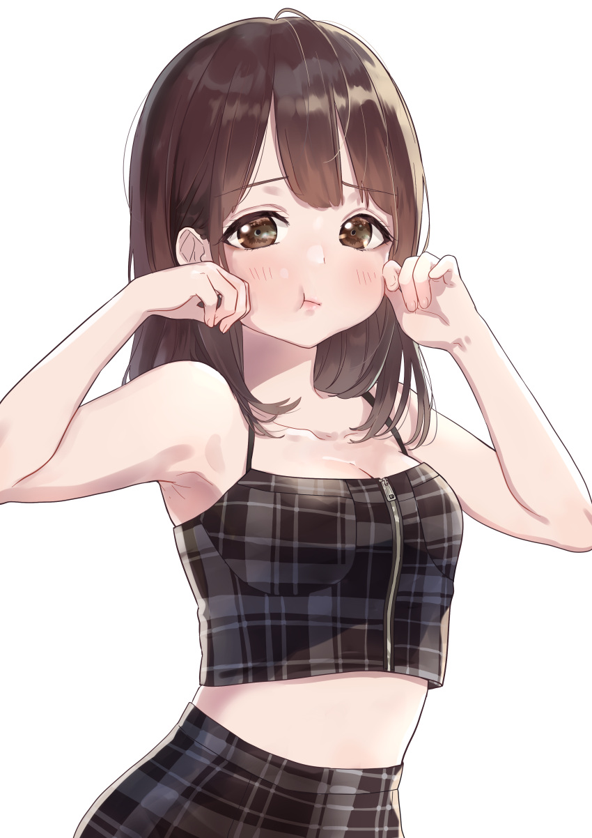 1girl :t absurdres bangs bare_arms bare_shoulders blush breasts brown_camisole brown_eyes brown_hair brown_skirt camisole cleavage closed_mouth collarbone commentary_request eyebrows_visible_through_hair fingernails highres long_hair looking_at_viewer medium_breasts midriff original plaid plaid_skirt pomu pout simple_background skirt solo white_background zipper_pull_tab