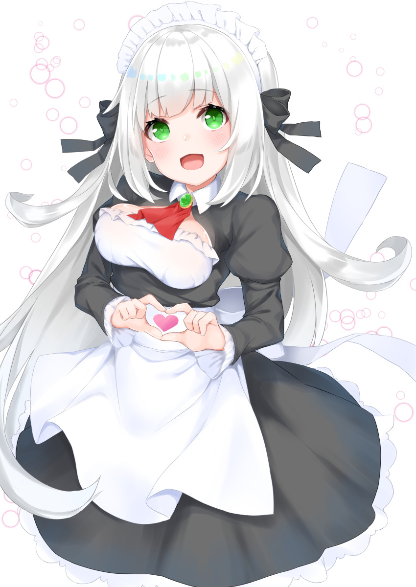 1girl :d absurdres apron ascot bangs black_bow black_dress blush bow breasts brooch commentary_request dress eyebrows_visible_through_hair green_eyes hair_bow hair_ornament hashiko_nowoto head_tilt heart heart_hair_ornament highres jewelry juliet_sleeves large_breasts long_hair long_sleeves looking_at_viewer maid maid_headdress open_mouth original puffy_sleeves red_neckwear silver_hair sleeves_past_wrists smile solo very_long_hair waist_apron white_apron white_background