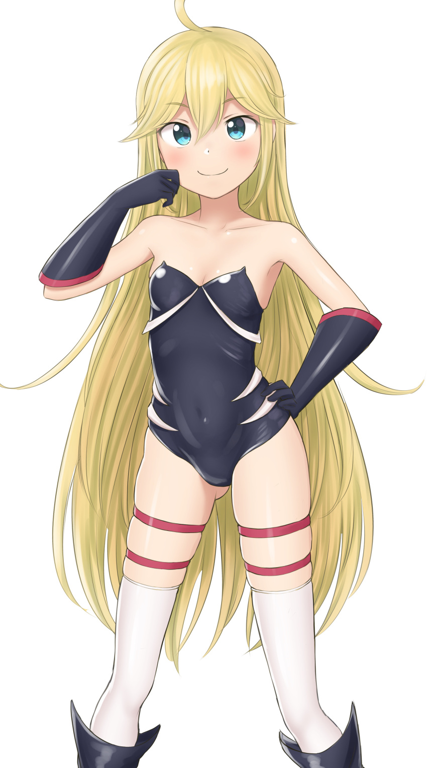 1girl absurdres ahoge black_footwear black_gloves black_leotard blonde_hair blue_eyes collarbone contrapposto covered_navel feet_out_of_frame gloves gluteal_fold hand_on_hip highres leopard_(yatterman) leotard long_hair looking_at_viewer no_mask nyarukac simple_background smile solo strapless strapless_leotard time_bokan_(series) white_background white_legwear yoru_no_yatterman