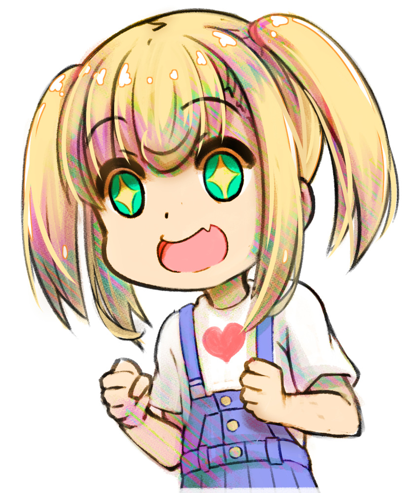 1girl blonde_hair child clenched_hands fang green_eyes heart highres long_hair open_mouth original overalls print_shirt shirt shou_zong sky smile solo star_(sky) starry_sky twintails upper_body white_shirt