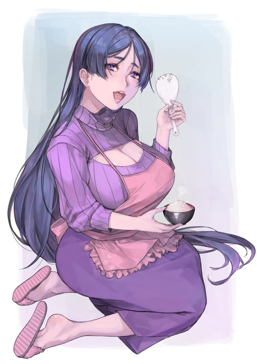 1girl absurdres alternate_costume apron bangs bowl breasts cleavage cleavage_cutout fate/grand_order fate_(series) highres large_breasts long_hair low-tied_long_hair minamoto_no_raikou_(fate/grand_order) motherly parted_bangs paul_dang_(podang) purple_hair purple_skirt purple_sweater ribbed_sweater rice seiza sitting skirt slippers sweater very_long_hair violet_eyes