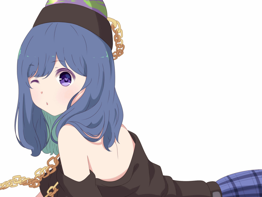 1girl bangs bare_shoulders belt black_belt black_shirt blue_hair blue_skirt blush breasts chains commentary_request earth_(ornament) eyebrows_visible_through_hair green_hair heart heart-shaped_pupils hecatia_lapislazuli hecatia_lapislazuli_(earth) highres long_hair looking_at_viewer lying medium_breasts multicolored_hair off-shoulder_shirt off_shoulder on_stomach one_eye_closed parted_lips plaid plaid_skirt polos_crown shirt short_sleeves simple_background skirt solo symbol-shaped_pupils touhou upper_body violet_eyes white_background yukome
