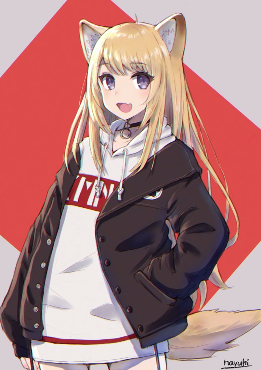 1girl :d ahoge animal_ear_fluff animal_ears bangs black_jacket blonde_hair commentary_request dog_ears dog_girl dog_tail drawstring eyebrows_visible_through_hair fang grey_background hand_in_pocket highres hood hood_down hoodie jacket kmnz long_hair long_sleeves looking_at_viewer mc_lita nayuhi_(yukimuu14) open_clothes open_jacket open_mouth puffy_long_sleeves puffy_sleeves red_background signature sleeves_past_wrists smile solo tail two-tone_background very_long_hair violet_eyes virtual_youtuber white_hoodie