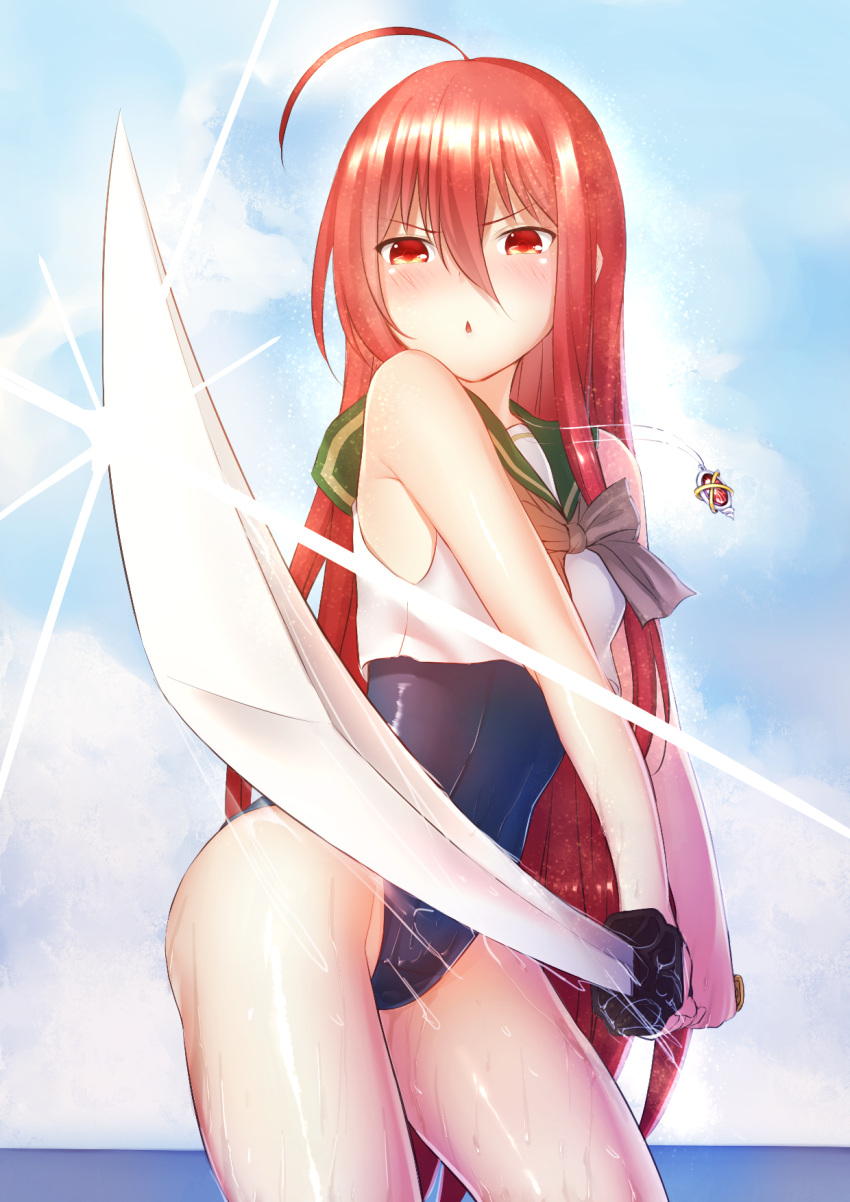 1girl ahoge alastor_(shakugan_no_shana) black_swimsuit blue_sky clouds contrapposto cowboy_shot day glint gundam00uc highleg highleg_swimsuit highres jewelry katana long_hair outdoors pendant perspective red_eyes redhead sailor_collar sailor_shirt shakugan_no_shana shana shirt sky sleeveless sleeveless_shirt solo standing swimsuit sword weapon