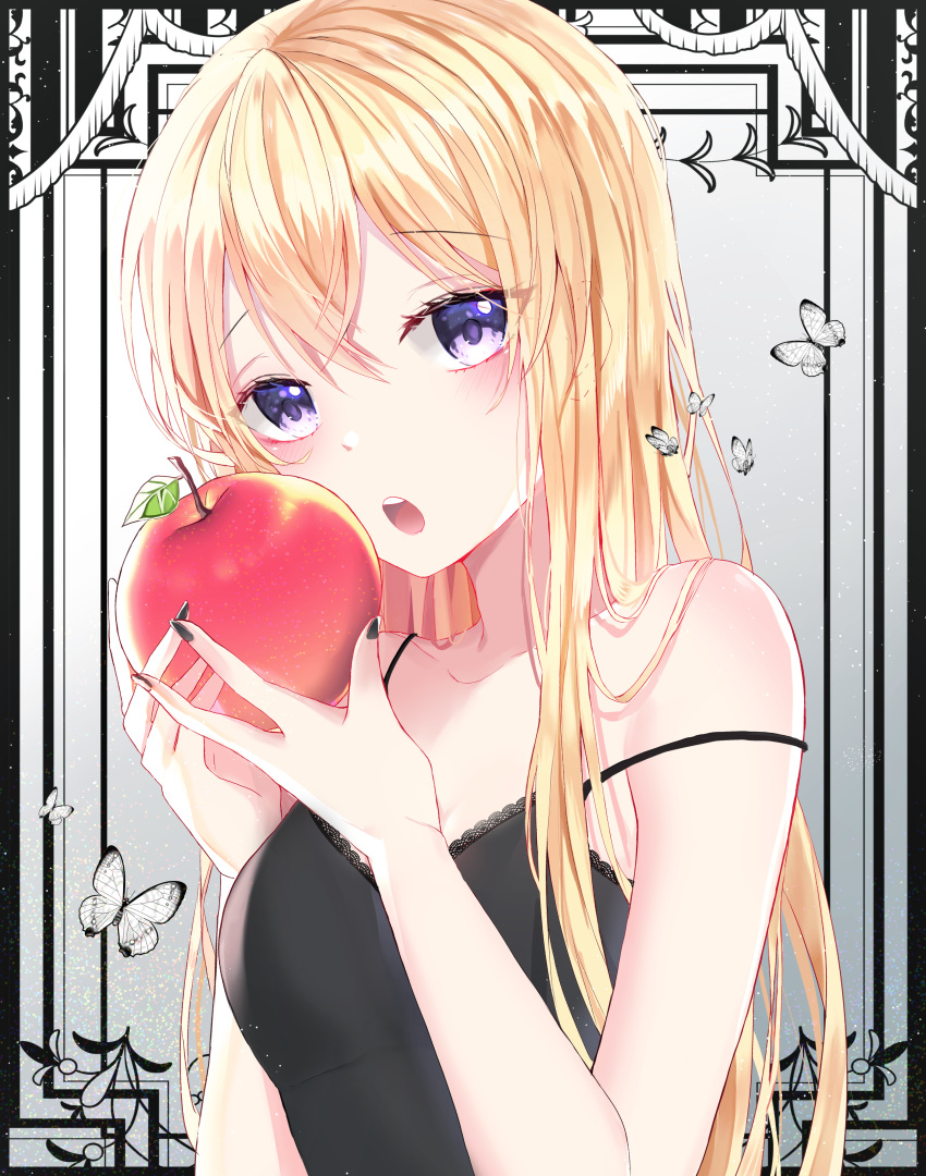 1girl absurdres animal apple bang_dream! bangs bare_arms bare_shoulders black_dress black_nails blonde_hair blush breasts bug butterfly collarbone commentary_request dress eyebrows_visible_through_hair fingernails food fruit hair_between_eyes hands_up head_tilt highres holding holding_food holding_fruit insect long_hair miyo_(user_zdsp7735) nail_polish open_mouth red_apple shirasagi_chisato sleeveless sleeveless_dress small_breasts solo strap_slip upper_teeth violet_eyes