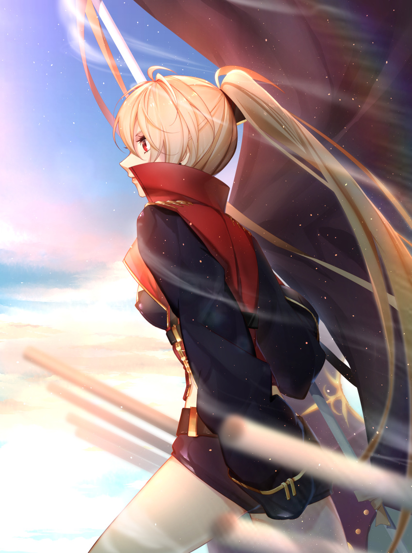 1girl absurdres alice_(mcaredor) azur_lane belt breasts clouds cloudy_sky coat cowboy_shot day dress ear_piercing graphite_(medium) high_collar highres jean_bart_(azur_lane) light_brown_hair lips long_hair long_sleeves medium_breasts outdoors piercing ponytail profile red_eyes short_dress sky solo thighs traditional_media turret wind