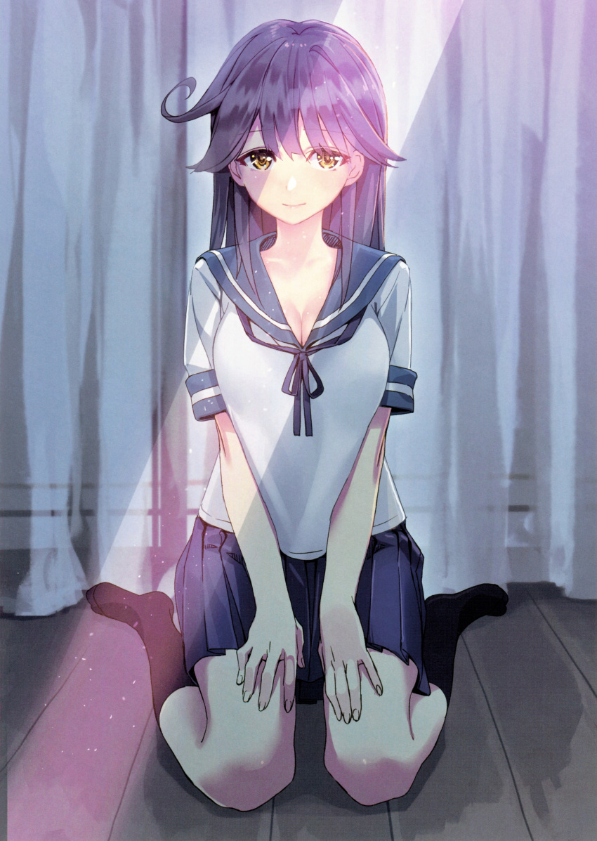 1girl absurdres bangs black_footwear blue_hair bow bowtie breasts cleavage collarbone curtains eyebrows_visible_through_hair fingernails full_body highres indoors kantai_collection light_rays long_hair looking_at_viewer medium_breasts pleated_skirt sailor_collar scan school_uniform shiny shiny_hair short_sleeves simple_background sitting skirt socks solo taigei_(kantai_collection) uniform wariza wooden_floor yahako yellow_eyes