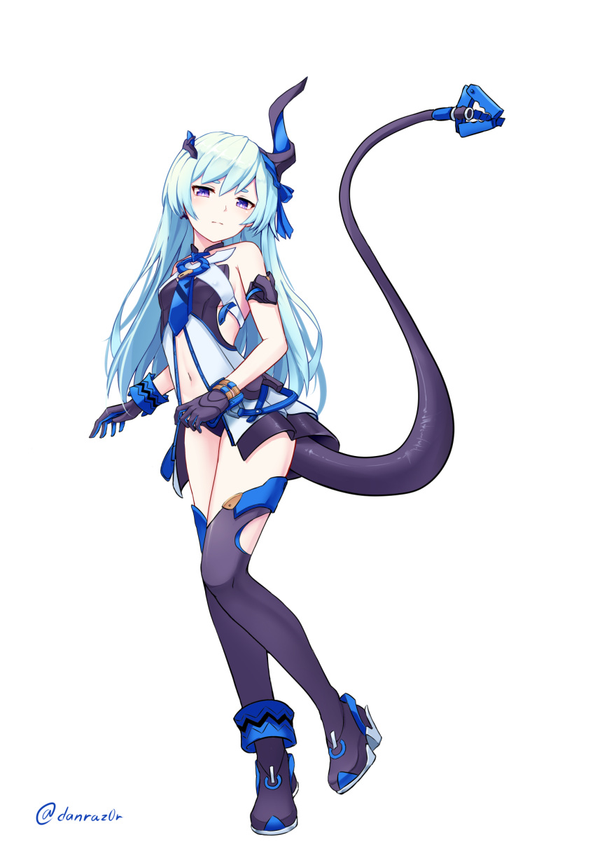 1girl aqua_hair armlet ass asymmetrical_horns bangs bare_shoulders black_gloves black_panties blush boots breasts commentary_request danraz0r dress ehart expressionless full_body gloves hair_between_eyes hair_ornament hair_ribbon highres honkai_(series) honkai_impact_3rd horn horns liliya_olyenyey long_hair looking_at_viewer mechanical_tail navel open_clothes open_dress panties ribbon short_dress simple_background small_breasts solo standing tail thigh-highs twitter_username underwear violet_eyes white_background