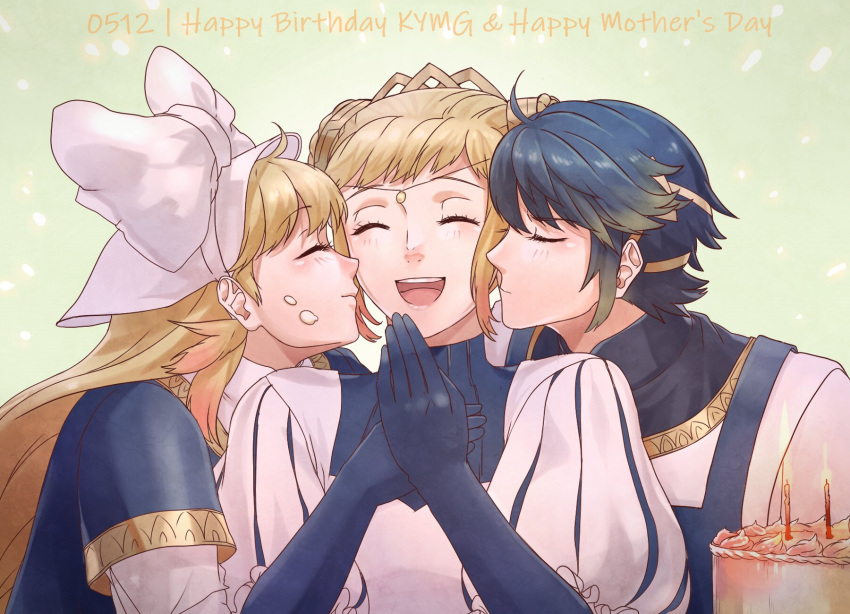 1boy 2girls ahoge alfonse_(fire_emblem) alternate_costume blonde_hair blue_hair blush brother_and_sister cake cheek_kiss closed_eyes commentary crown double_bun english_commentary english_text eyebrows_visible_through_hair fire_emblem fire_emblem_heroes food food_on_face gloves gradient_hair hair_ornament hair_ribbon henriette_(fire_emblem) highres kiss long_hair mother's_day mother_and_daughter mother_and_son multicolored_hair multiple_girls nintendo open_mouth ribbon rokusashu sharena short_hair siblings smile