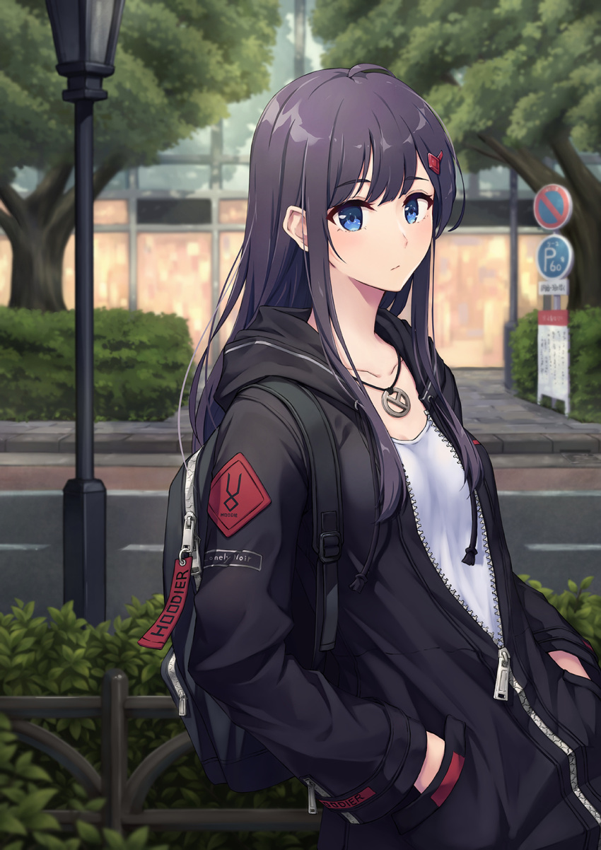1girl ahoge backpack bag black_hair black_hoodie blue_eyes blurry blurry_background breasts closed_mouth collarbone day depth_of_field drawstring hair_ornament hairclip hands_in_pockets highres hood hood_down hoodie hoodier jewelry lamppost long_hair long_sleeves looking_at_viewer necklace original outdoors partially_unzipped plant road shirt sidelocks sidewalk sign small_breasts solo standing stop_sign street tree upper_body white_shirt zipper zipper_pull_tab
