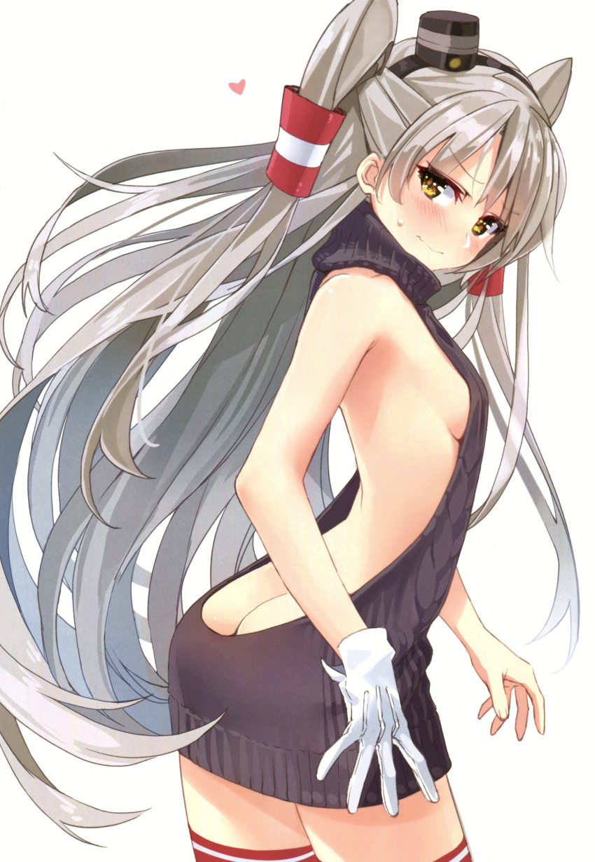 1girl absurdres amatsukaze_(kantai_collection) ass back backless_dress backless_outfit bangs bare_back bare_shoulders blush breasts brown_eyes butt_crack cowboy_shot dress eyebrows_visible_through_hair fingernails from_behind gloves grey_sweater hair_tubes halterneck heart highres kantai_collection long_hair looking_at_viewer looking_back meme_attire naked_sweater red_legwear ribbed_dress ribbed_sweater scan short_dress sideboob silver_hair simple_background single_glove small_breasts solo striped striped_legwear sweat sweater sweater_dress thigh-highs turtleneck turtleneck_sweater two_side_up virgin_killer_sweater white_background white_gloves yahako zettai_ryouiki