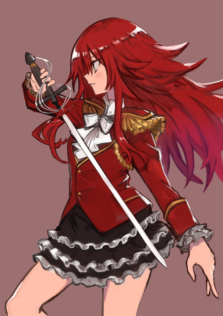 1girl 4410_(kanimiso) absurdres character_request copyright_request cowboy_shot cravat epaulettes frills green_eyes highres long_hair painterly purple_background rapier redhead solo sword very_long_hair weapon