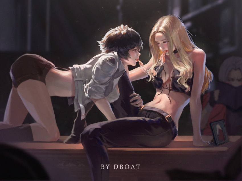 1boy 2girls all_fours artist_name bare_shoulders belt black_hair blonde_hair blurry blurry_background blush breasts cleavage cropped_jacket dante_(devil_may_cry) dark_background dboat desk devil_may_cry devil_may_cry_5 eye_contact food hand_on_another's_head highres lady_(devil_may_cry) large_breasts leather leather_pants leg_cling light light_rays long_hair looking_at_another medium_breasts multiple_girls pants peeking picture_frame pizza reading red_eyes shared_food short_hair short_shorts shorts silver_hair smile trish_(devil_may_cry) undone violet_eyes yuri