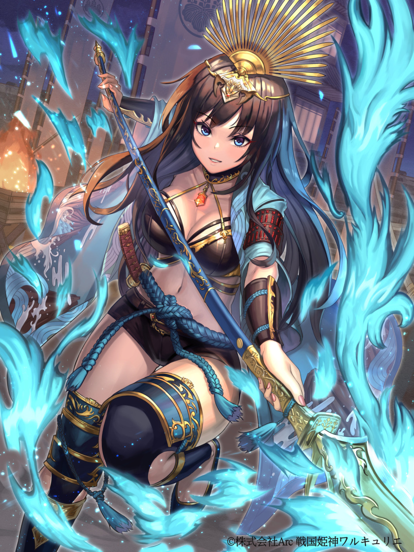 1girl black_legwear blue_eyes blue_fire breasts cleavage company_name fire flag flaming_weapon headpiece highres holding holding_spear holding_weapon long_hair looking_at_viewer moonandmist night official_art outdoors polearm sengoku_kishin_valkyrie solo spear standing standing_on_one_leg thigh-highs watermark weapon