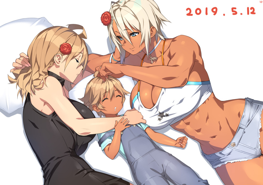 23_(real_xxiii) 3girls ahoge_girl_(23) closed_eyes commentary_request dark-skinned_girl_(23) dark_skin dated highres lying mother_and_daughter multiple_girls muscle muscular_female original pillow rafaela_(23) wife_and_wife yuri