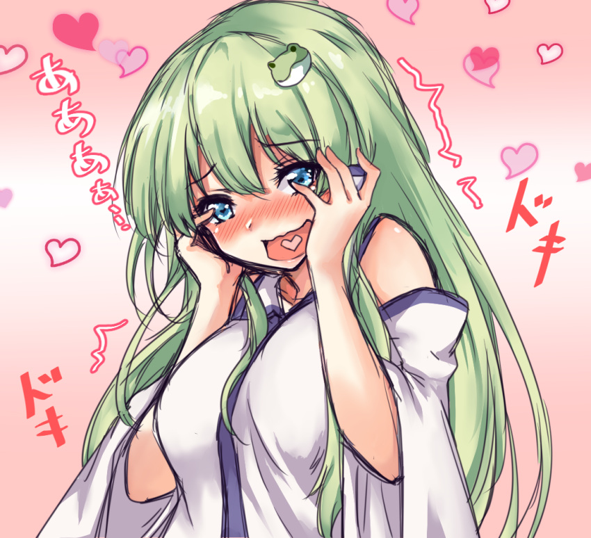 1girl :d amagi_(amagi626) bangs bare_shoulders blue_eyes blush detached_sleeves eyebrows_visible_through_hair frog_hair_ornament gradient gradient_background green_hair hair_ornament hands_on_own_cheeks hands_on_own_face heart heart_in_mouth japanese_clothes kochiya_sanae long_hair looking_at_viewer lovestruck miko nose_blush open_mouth pink_background simple_background smile solo touhou upper_body wide_sleeves