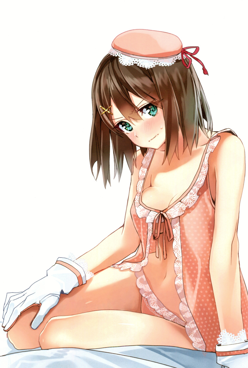 1girl absurdres babydoll bangs bare_shoulders bed_sheet beret blush bow bowtie breasts brown_hair camisole cleavage closed_mouth collarbone eyebrows_visible_through_hair gloves green_eyes hair_ornament hat highres kantai_collection looking_at_viewer maya_(kantai_collection) medium_breasts navel panties polka_dot scan shiny shiny_hair short_hair simple_background solo stomach underwear white_background white_gloves x_hair_ornament yahako