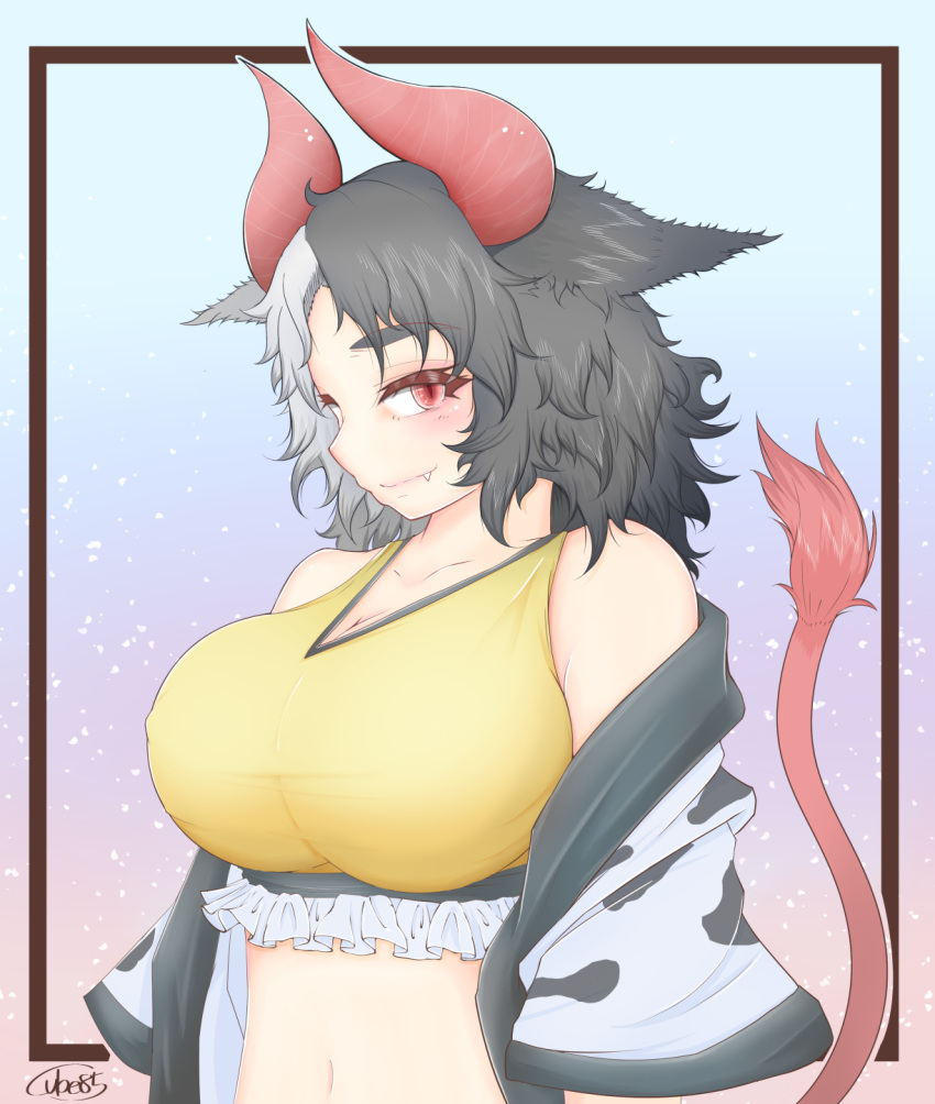1girl animal_ears animal_print artist_name bare_shoulders black_hair blue_background blush breasts cleavage collarbone commentary_request cow_ears cow_horns cow_print cow_tail crop_top cube85 fang fang_out frills gradient gradient_background haori highres horns huge_breasts japanese_clothes long_sleeves looking_at_viewer midriff multicolored_hair navel off_shoulder outside_border pink_background purple_background red_eyes short_hair signature silver_hair smile solo sports_bra stomach tail thick_eyebrows touhou two-tone_hair upper_body ushizaki_urumi wide_sleeves