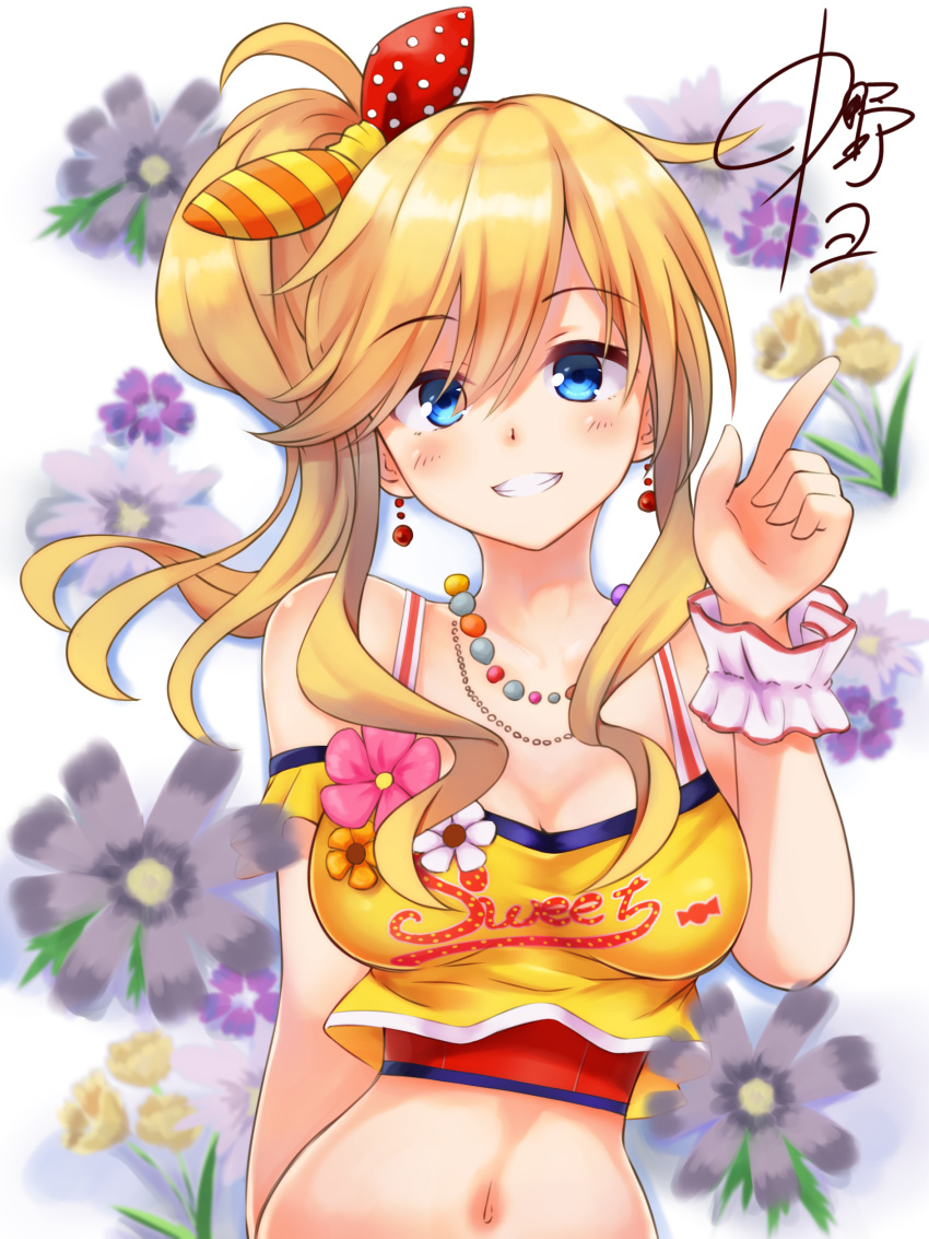 1girl absurdres bare_arms bare_shoulders blonde_hair blue_eyes bow breasts cleavage commentary_request eyebrows_visible_through_hair hair_between_eyes hair_bow hair_ornament highres idolmaster idolmaster_cinderella_girls idolmaster_cinderella_girls_starlight_stage large_breasts long_hair looking_at_viewer multicolored_bow navel ootsuki_yui ponytail shirt signature smile solo teeth upper_body wrist_cuffs yuu_ms1974