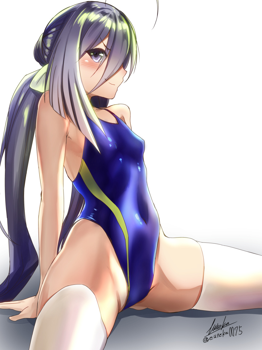 1girl absurdres blush breasts closed_mouth competition_swimsuit covered_navel eureka_(eureka-0075) gradient gradient_background gradient_hair grey_eyes grey_hair hair_between_eyes highres kantai_collection kiyoshimo_(kantai_collection) long_hair multicolored_hair one-piece_swimsuit sitting small_breasts smile solo swimsuit thigh-highs very_long_hair white_legwear