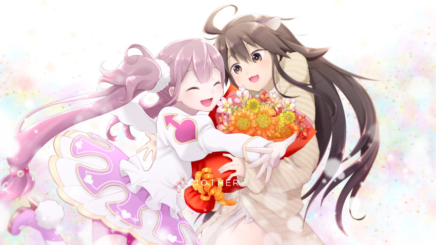 2girls :d ahoge animal_ears bangs bouquet brown_eyes brown_hair closed_eyes dress flower hair_ornament hair_scrunchie high_heels hug juliet_sleeves kagayaki_stars long_sleeves multiple_girls open_mouth puffy_sleeves scrunchie smile standing twintails virtual_youtuber white_dress white_wings wings yomo_(rb_crr)