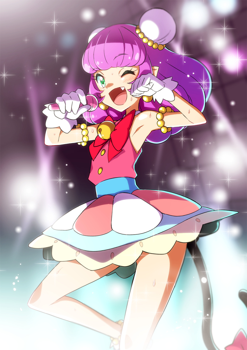 1girl ;d blush cat_tail double_bun eyebrows_visible_through_hair fang gloves green_eyes highres looking_at_viewer mao_(precure) microphone one_eye_closed open_mouth pointy_ears precure purple_hair short_hair skirt sleeveless smile solo sparkle star_twinkle_precure sweat tail white_gloves yuni_(precure) yuto_(dialique)