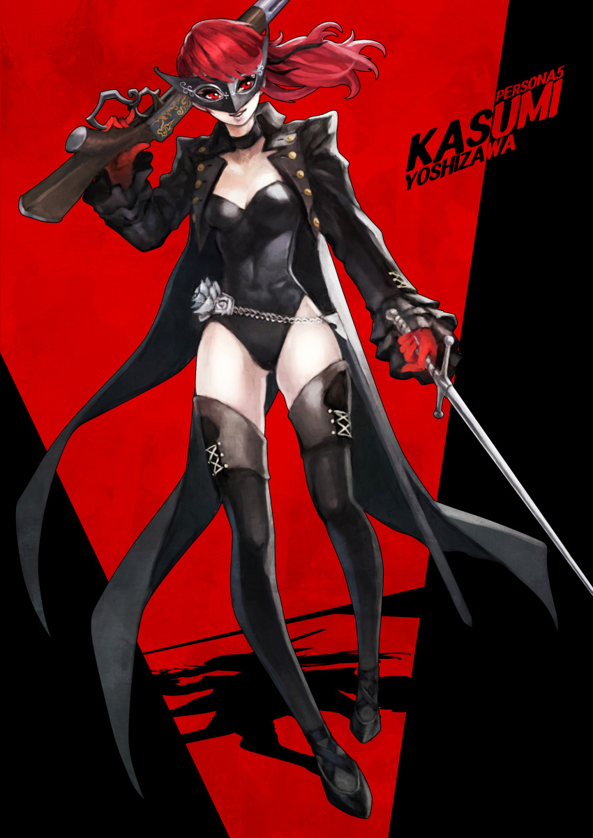 1girl absurdres ballet_slippers black_choker black_footwear black_jacket black_legwear black_leotard breasts carnival_mask chain_belt choker commentary dual_wielding english_commentary full_body gloves gun highres holding jacket leotard lips long_coat long_hair long_legs mask monori_rogue persona persona_5 persona_5_the_royal rapier red_eyes red_gloves redhead rifle small_breasts solo standing strapless strapless_leotard sword thigh-highs trigger_discipline weapon yoshizawa_kasumi