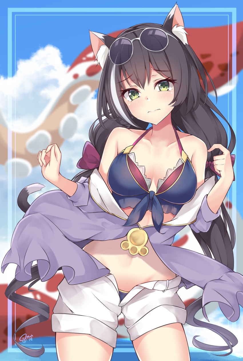 1girl absurdres animal_ear_fluff animal_ears bangs bare_shoulders bikini black_hair blue_sky blurry blurry_background blush breasts cat_ears cat_tail clouds day eyebrows_visible_through_hair eyewear_on_head frown green_eyes groin hair_between_eyes hands_up head_tilt highres k-doku kyaru_(princess_connect) long_hair looking_at_viewer low_twintails multicolored_hair navel off_shoulder open_fly outdoors princess_connect! princess_connect!_re:dive shorts signature sky solo stomach streaked_hair sunglasses swimsuit tail thighs twintails very_long_hair white_hair white_shorts