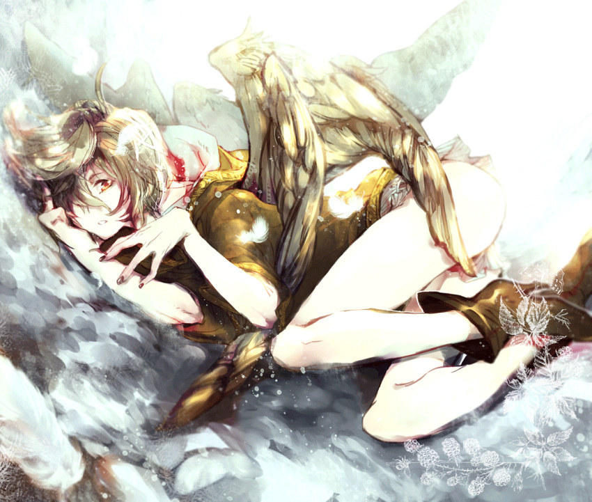 1boy ankle_boots black_hair black_nails boots brown_hair commentary_request feathered_wings full_body granblue_fantasy hair_over_one_eye hood hood_down legs lying male_focus nachiko nail_polish red_eyes sandalphon_(granblue_fantasy) short_hair solo wings