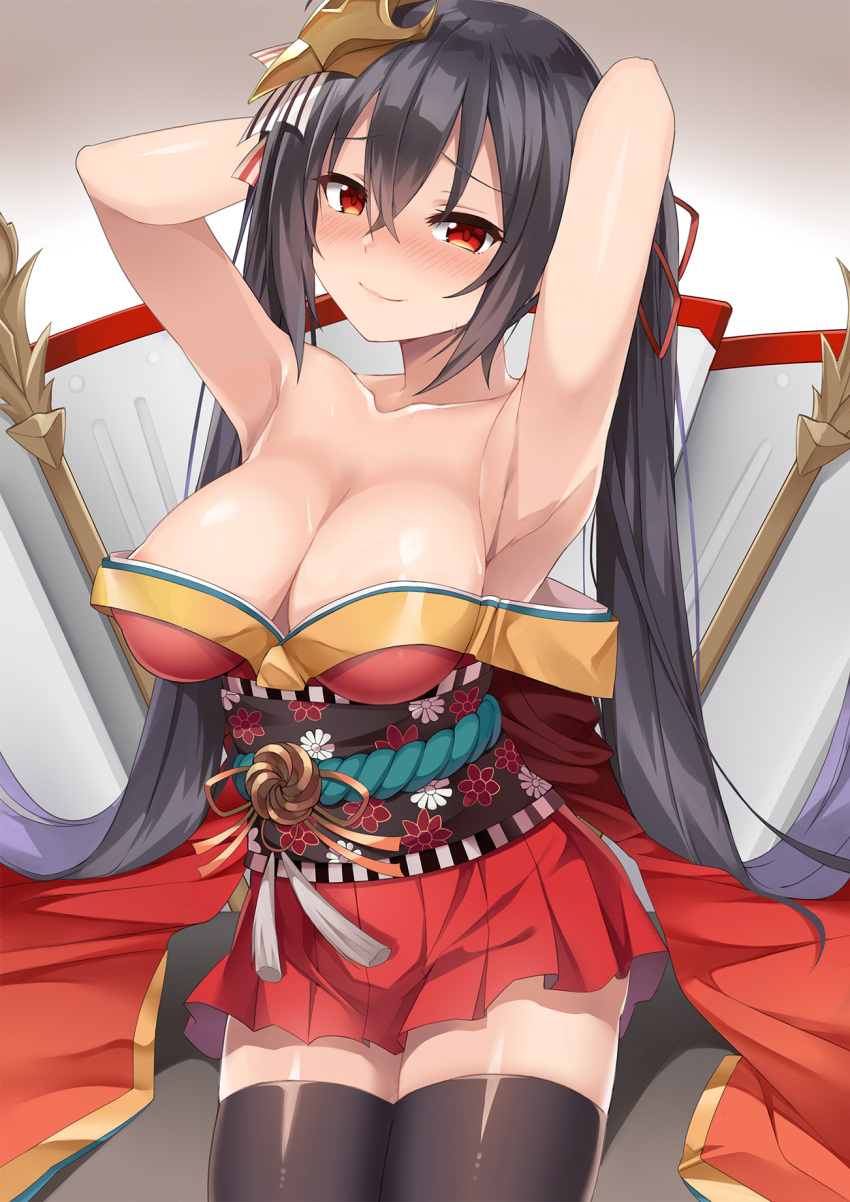 1girl ahoge armpits arms_behind_head arms_up azur_lane bangs bare_shoulders black_hair black_legwear blush breasts cleavage collarbone crossed_bangs eyebrows_visible_through_hair hair_between_eyes hair_ribbon highres japanese_clothes kimono large_breasts long_hair looking_at_viewer mahouio mask mask_on_head obi off_shoulder pleated_skirt red_eyes red_kimono red_skirt ribbon sash sidelocks skirt smile solo taihou_(azur_lane) thigh-highs twintails very_long_hair