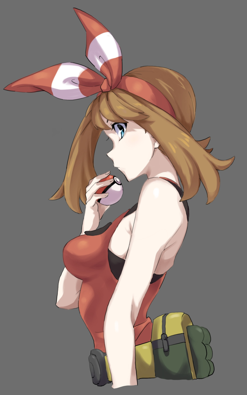 1girl bare_arms bare_shoulders belt blue_eyes breasts brown_hair creatures_(company) cropped_torso flipped_hair from_side game_freak hair_ornament hairband haruka_(pokemon) highres medium_breasts nintendo poke_ball pokemon pokemon_(game) pokemon_oras pouch pretty-purin720 red_hairband red_shirt shirt sleeveless sleeveless_shirt solo upper_body