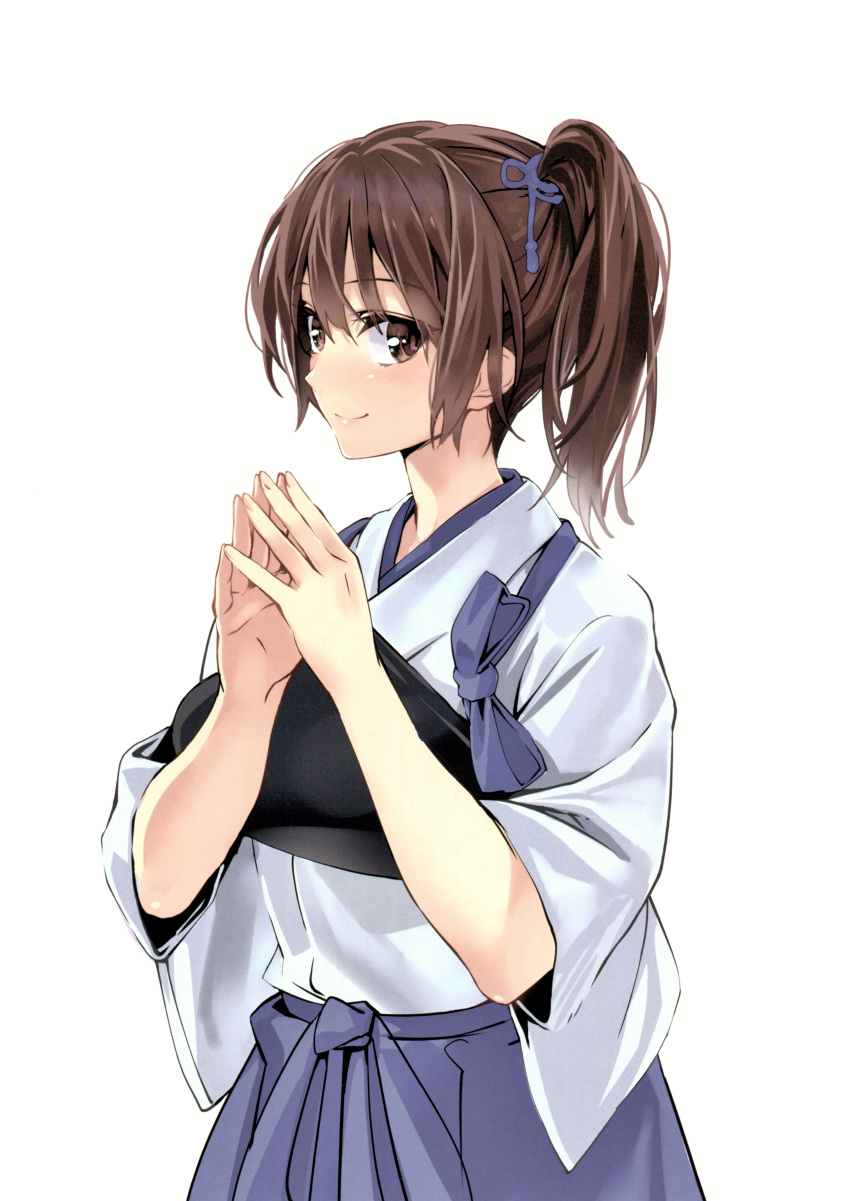 1girl absurdres armor bangs blue_hakama blush brown_eyes brown_hair closed_mouth eyebrows_visible_through_hair fingernails hakama hakama_skirt hands_together hands_up highres japanese_clothes kaga_(kantai_collection) kantai_collection lips looking_at_viewer medium_hair muneate ponytail scan shiny shiny_hair side_ponytail simple_background skirt smile solo tied_hair white_background wide_sleeves yahako