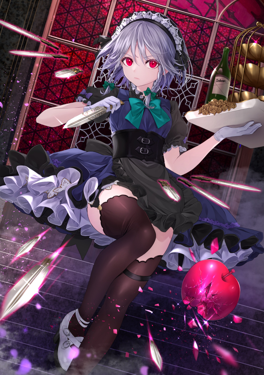 1girl alcohol apple apron aqua_neckwear bangs bottle bow bowtie braid brown_legwear commentary_request dagger dress dutch_angle expressionless floating floating_object food frilled_apron frilled_dress frills fruit highres holding holding_dagger holding_tray holding_weapon indoors izayoi_sakuya komazuki_(komaworks240) leg_up looking_at_viewer maid_apron maid_headdress motion_blur puffy_short_sleeves puffy_sleeves purple_dress red_eyes shatter shoes short_hair short_sleeves sidelocks silver_hair solo standing standing_on_one_leg thigh-highs thigh_strap tiered_tray touhou tray underbust v-shaped_eyebrows waist_apron weapon white_footwear