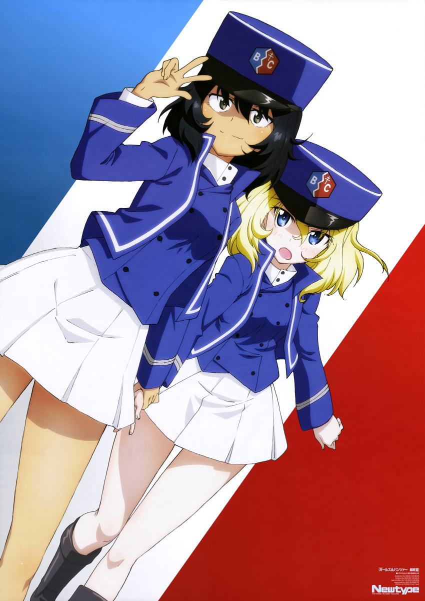 2girls :o absurdres andou_(girls_und_panzer) arm_up bangs bc_freedom_(emblem) bc_freedom_military_uniform black_hair blonde_hair blue_eyes blue_headwear blue_jacket blue_vest brown_eyes closed_mouth dark_skin dress_shirt emblem eyebrows_visible_through_hair french_flag girls_und_panzer hand_holding hat high_collar highres holding jacket long_sleeves medium_hair messy_hair military military_hat military_uniform miniskirt multiple_girls newtype official_art open_mouth oshida_(girls_und_panzer) pleated_skirt shako_cap shirt simple_background skirt smile standing uniform vest white_shirt white_skirt