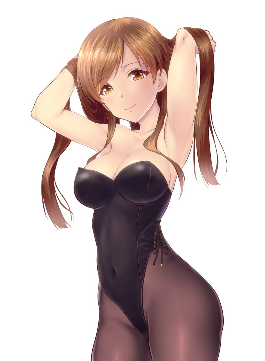 1girl armpits arms_up bangs bare_arms bare_shoulders black_leotard breasts brown_eyes brown_hair brown_legwear cleavage closed_mouth collarbone commentary_request covered_navel eyebrows_visible_through_hair hands_in_hair highleg highleg_leotard highres idolmaster idolmaster_cinderella_girls leotard long_hair medium_breasts nitta_minami pantyhose simple_background smile solo strapless strapless_leotard taka_(takahirokun) white_background