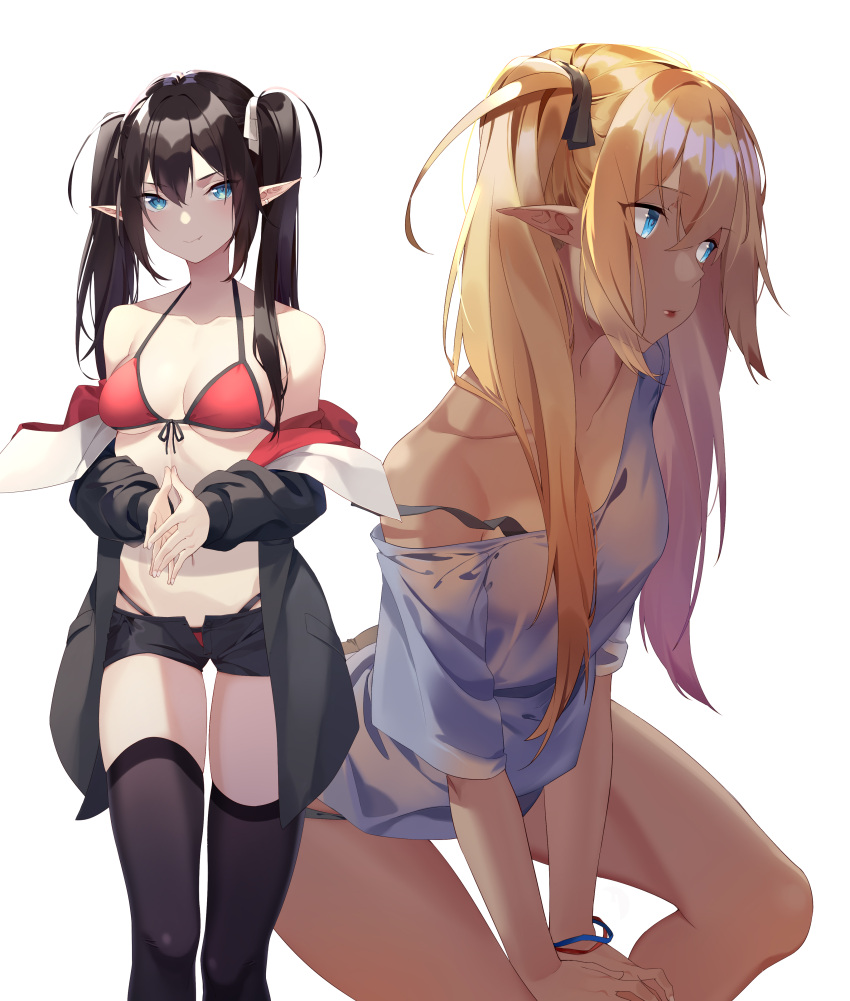 2girls absurdres bangs bare_shoulders bikini black_bra black_hair black_legwear black_panties black_ribbon black_shorts blonde_hair blue_eyes blue_shirt blush bra breasts coat collarbone earrings eyebrows_visible_through_hair fang fang_out fingers_together hair_ribbon highres jewelry long_hair looking_at_viewer medium_breasts multiple_girls off_shoulder one_side_up open_clothes open_coat open_fly original panties red_bikini red_lips ribbon shirt short_shorts shorts sidelocks simple_background sitting skindentation smile strap_slip swimsuit thigh-highs thighs twintails underwear user_yzzn3747 white_background white_ribbon wristband