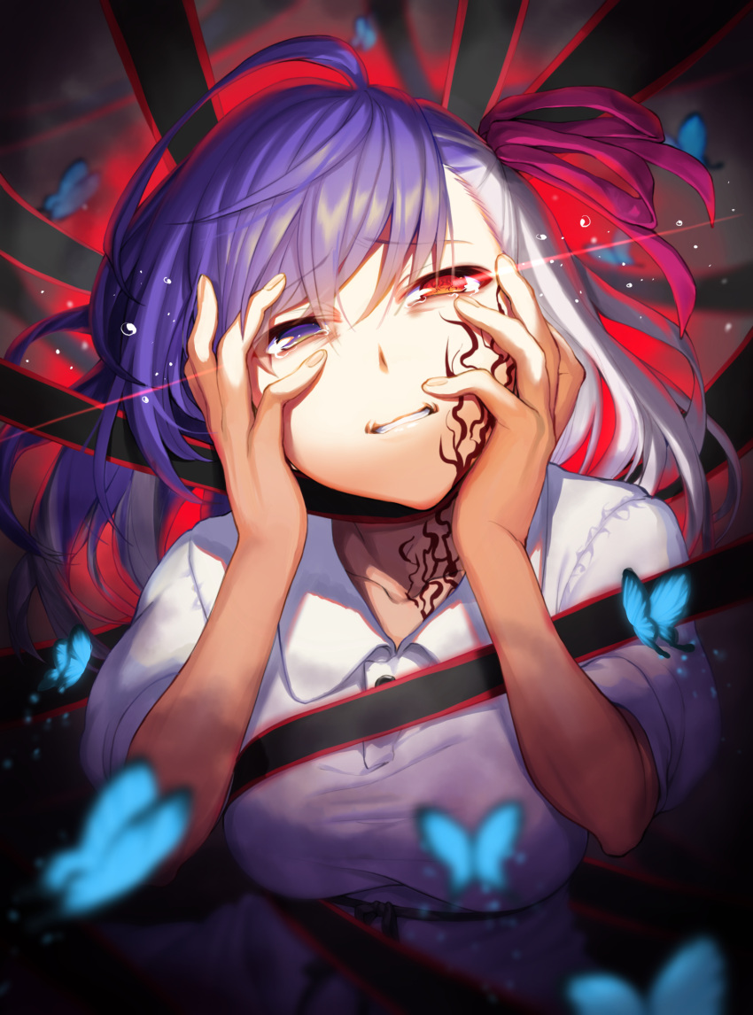 1girl bangs blurry_foreground body_markings breasts bug butterfly clenched_teeth corruption crying dark_persona dark_sakura dress dual_persona eyebrows_visible_through_hair fate/stay_night fate_(series) glowing glowing_eye hair_between_eyes hair_ribbon hands_on_own_face head_tilt heaven's_feel highres insect kyo large_breasts long_hair looking_at_viewer matou_sakura multicolored_hair purple_hair red_eyes ribbon short_sleeves sidelocks solo split_theme tearing_up teeth two-tone_hair violet_eyes white_dress white_hair