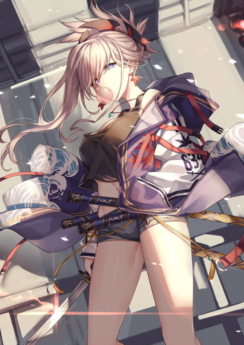 1girl absurdres bangs black_crop_top blue_eyes breasts bubble_blowing coat crop_top earrings eyebrows_visible_through_hair fate/grand_order fate_(series) floating_hair grin hair_ornament hand_in_pocket highres holding holding_sword holding_weapon jewelry katana ks large_breasts long_hair looking_at_viewer magatama midriff miyamoto_musashi_(fate/grand_order) multiple_swords necklace open_clothes open_coat outdoors pink_hair ponytail short_shorts shorts smile solo sword thighs weapon wind